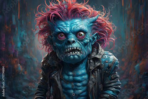 A fantasy illustration of a Monster wearing punk rock clothes, blue coloring