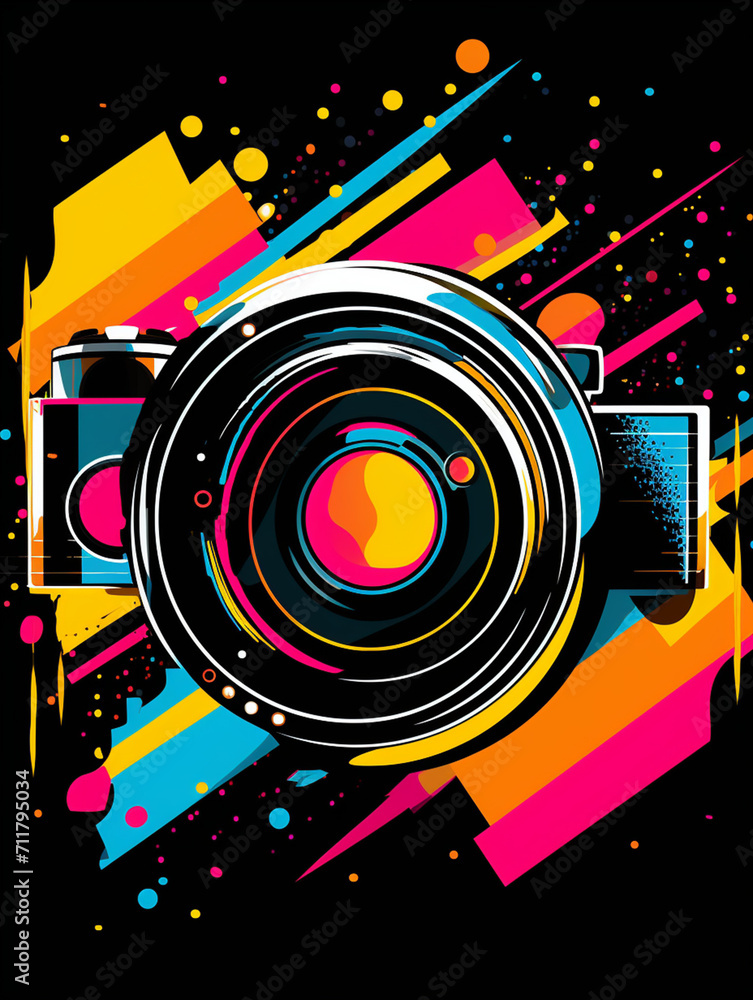 T-shirt design, a dynamic pop art illustration of a camera lens, the vibrant colors and bold halftone dots capturing created with Generative Ai T-shirt design, a dynamic pop art illustration of a camera lens, the vibrant colors and bold halftone dots capturing created with Generative Ai