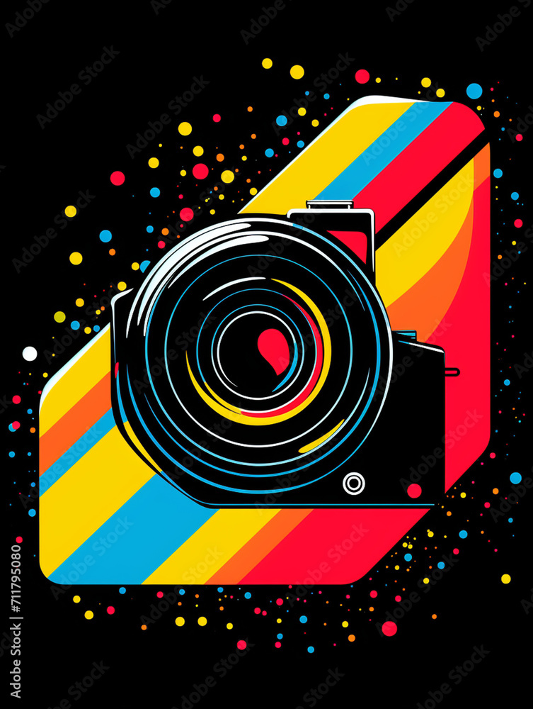 T-shirt design, a dynamic pop art illustration of a camera lens, the vibrant colors and bold halftone dots capturing created with Generative Ai T-shirt design, a dynamic pop art illustration of a camera lens, the vibrant colors and bold halftone dots capturing created with Generative Ai