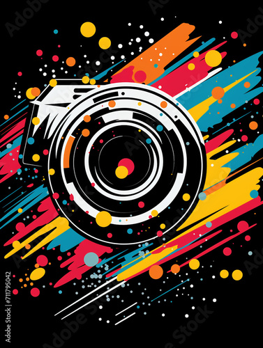 T-shirt design  a dynamic pop art illustration of a camera lens  the vibrant colors and bold halftone dots capturing created with Generative Ai