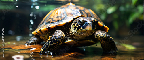 Turtle spends most of their time in under water golden light illuminating its earthy brown and black coat, blurred background