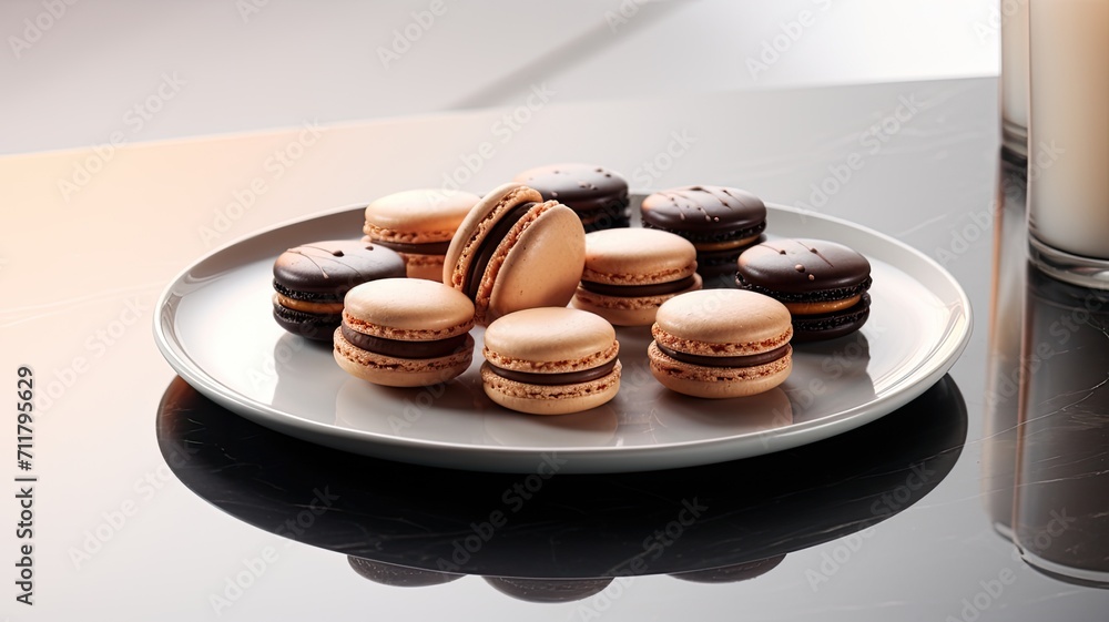 a plate filled with delectable chocolate macarons in a minimalist modern style setting. a plate filled with delectable chocolate macarons in a minimalist modern style setting.