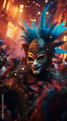 Happy Man with Festive Makeup and Headdress with Colorful Feathers Masquerade Carnival Night. Background there Celebrating Crowd People with Lights. Traditional Holiday Pageant and Mardi Gras Parade