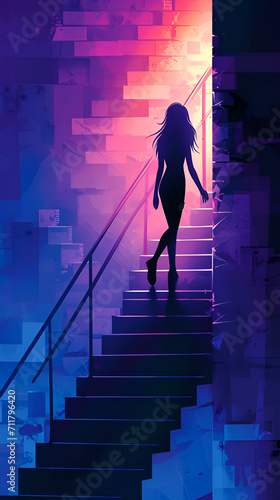 Silhouette of a woman ascending illuminated stairs against