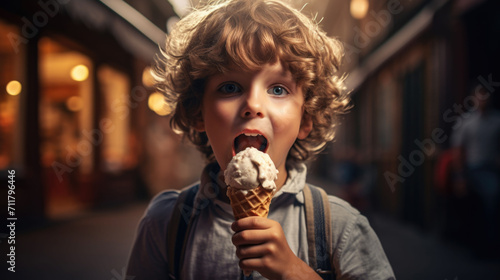 Closeup up portrait of a curly little boy preparing to lick an ice cream against blurred city park street background