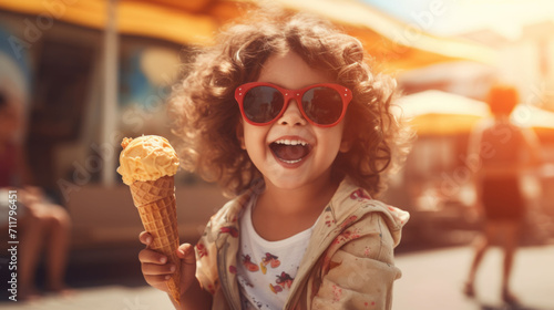 Closeup up portrait of a curly little girl in an eyeglasses eating an ice cream in a sunny summer day against the city park street