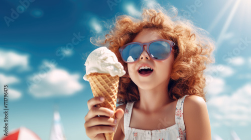 Closeup up portrait of a curly little girl in an eyeglasses eating an ice cream in a sunny summer day against blue sky