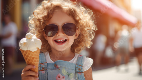 Closeup up portrait of a curly little girl in an eyeglasses eating an ice cream in a sunny summer day against the city park street