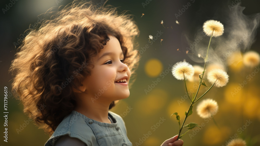 Closeup portrait of a little curly boy blowing a dandelion flower against the meadow
