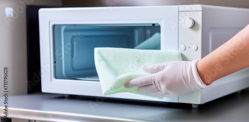 Closeup woman hand in rubber gloves cleaning microwave
