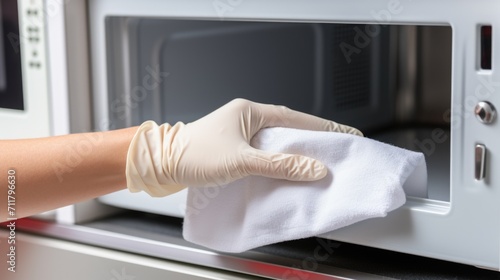 Closeup woman hand in rubber gloves cleaning microwave