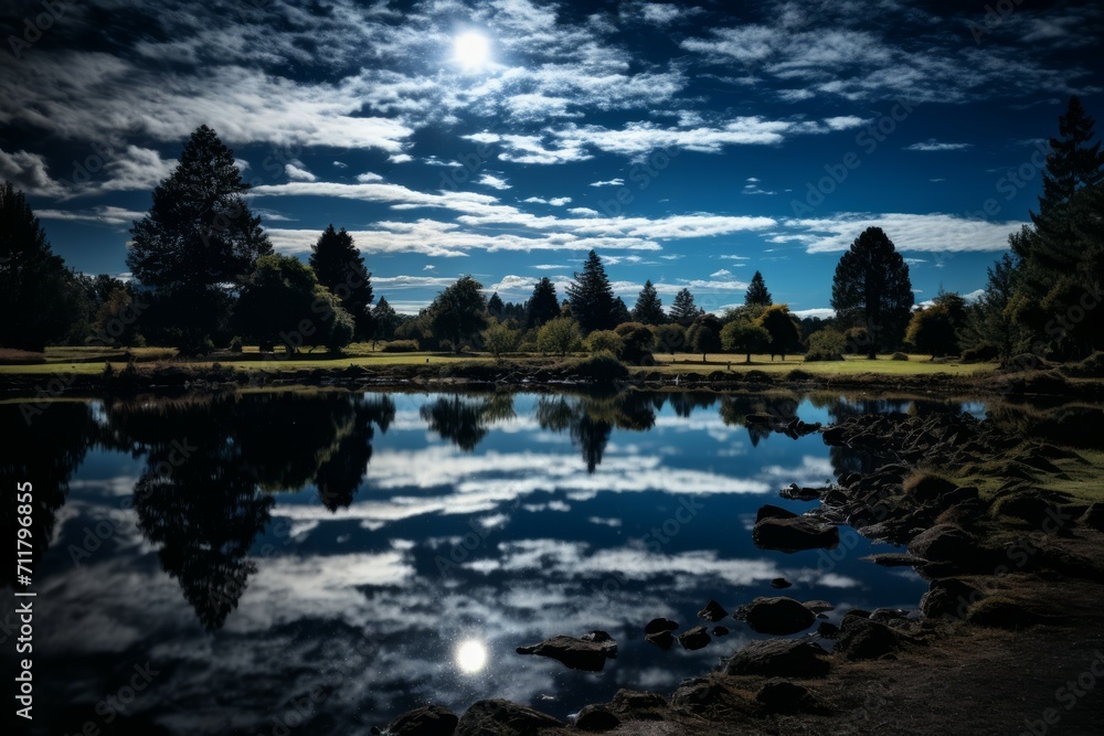 Fototapeta premium Tranquil moonlit ponds, reflecting the serenity of the night sky - Generative AI