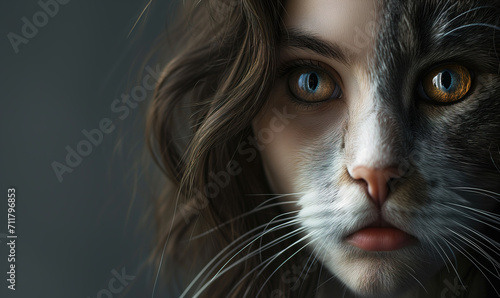 Portrait face mix between woman and cat photo