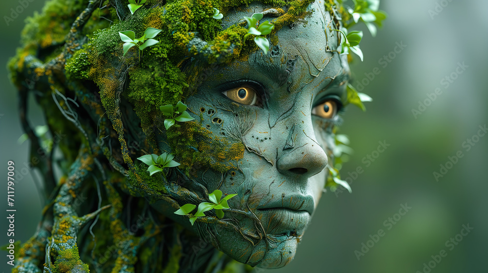 Portrait of green human like being made from plants and roots