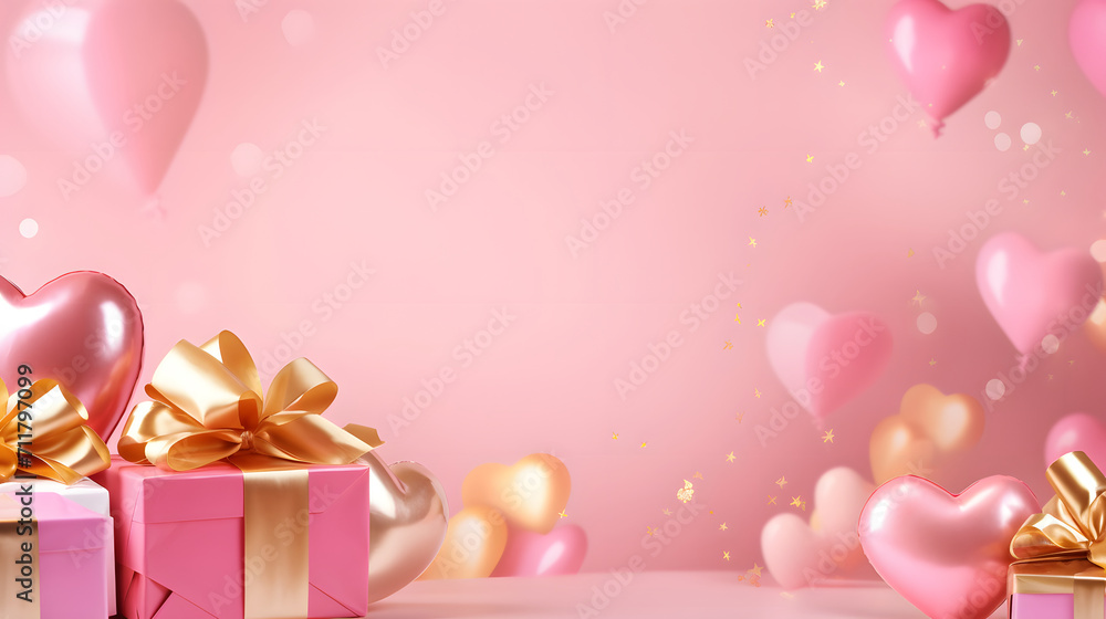 Happy valentines, 3D wallpaper decorated with elegant red roses with light pink, red, and white hearts with some gifts and balloons, copy space