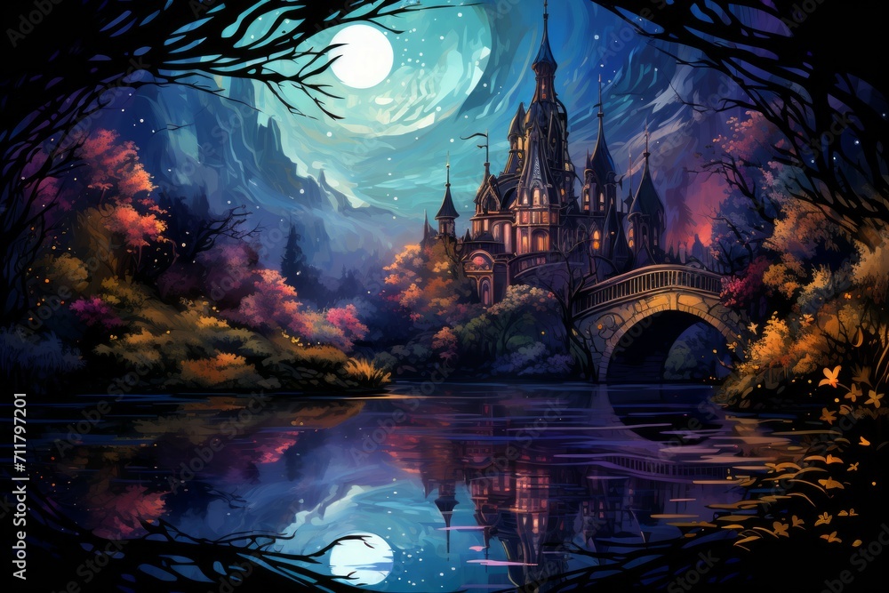 Fototapeta premium Tranquil moonlit ponds, reflecting the serenity of the night sky - Generative AI