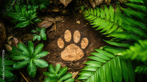 Animal paw print on the ground, exotic plant leaves, wildlife day, nature, flowers, imprint, cat footprint, forest, tropics, earth, environment, trail, path, soil