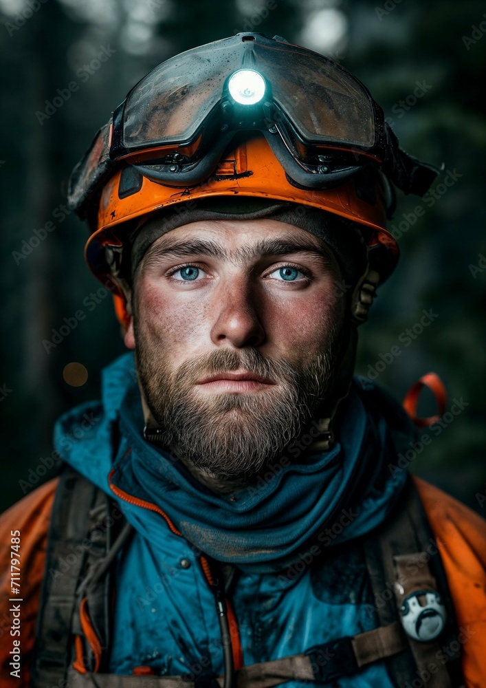 Close-up portrait of a bearded man with blue eyes wearing a safety helmet with headlamp and protective goggles, set against a dark forest background, search and rescue Close-up portrait of a bearded man with blue eyes wearing a safety helmet with headlamp and protective goggles, set against a dark forest background, search and rescue