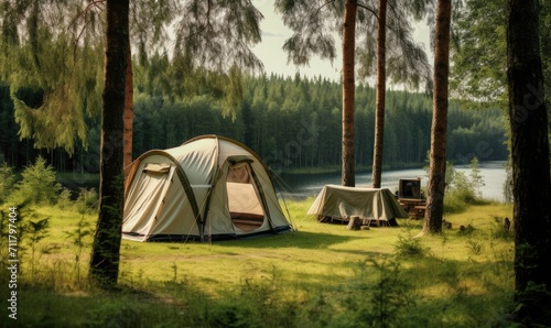 A tent in the middle of the beautiful forest. Camping theme.