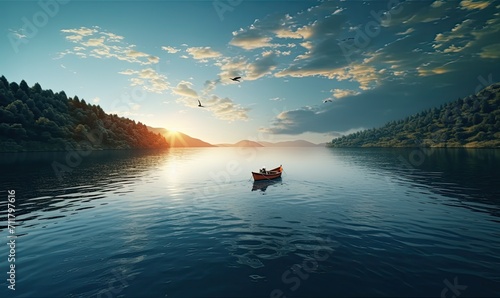 Small wooden boat on the surface in the middle of the beautiful lake in amazing  landscape © Filip