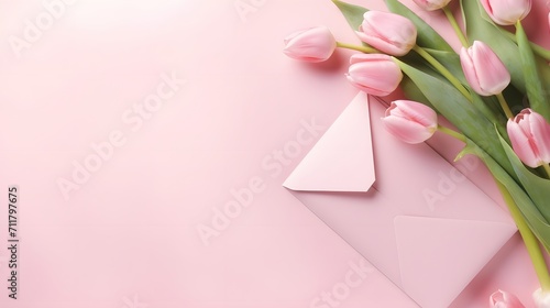 Women Day, Mother day background with envelope, gift box and beautiful spring tulip flowers on pastel pink desk. Flat lay. photo