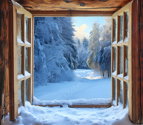 View through a cottage window into a snow-covered winter forest, conveying a sense of peace and solitude.