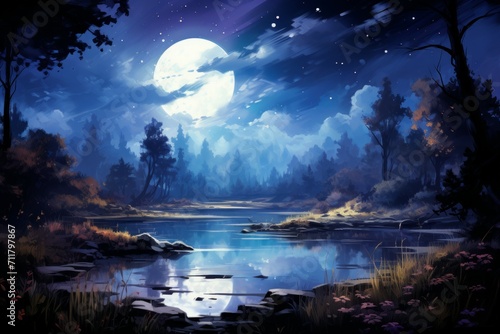 Tranquil moonlit ponds, reflecting the serenity of the night sky - Generative AI © Sidewaypics
