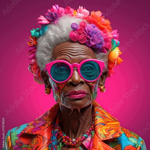 a african elderly Woman model in colorful glasses, in the style of pop art influence