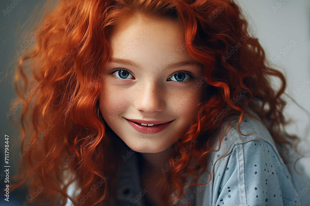 portrait of a red-haired young girl with blue eyes, looking at the camera portrait of a red-haired young girl with blue eyes, looking at the camera