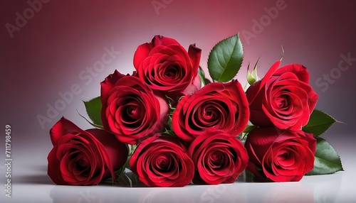 Frintview of a red roses bouquet on white marble table  red background 