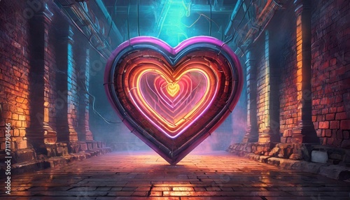 neon heart with a glow on the background of a dark brick wall neon sign