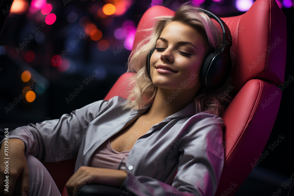 Girl listening to music with headphones on a gamer chair with neon background, in pink and violet colors