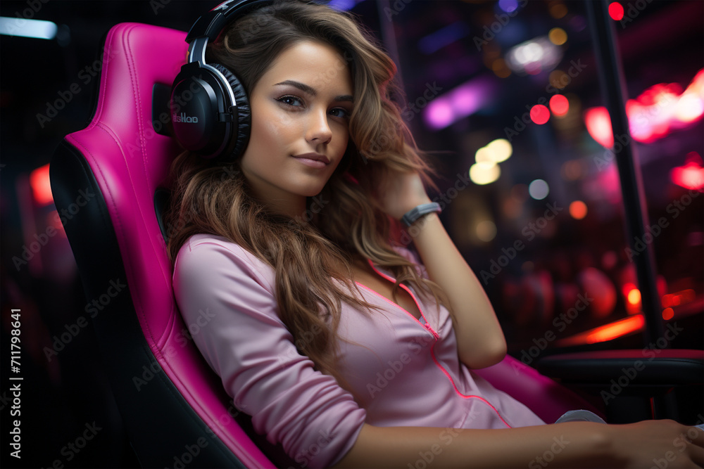 Girl listening to music with headphones on a gamer chair with neon background, in pink and violet colors
