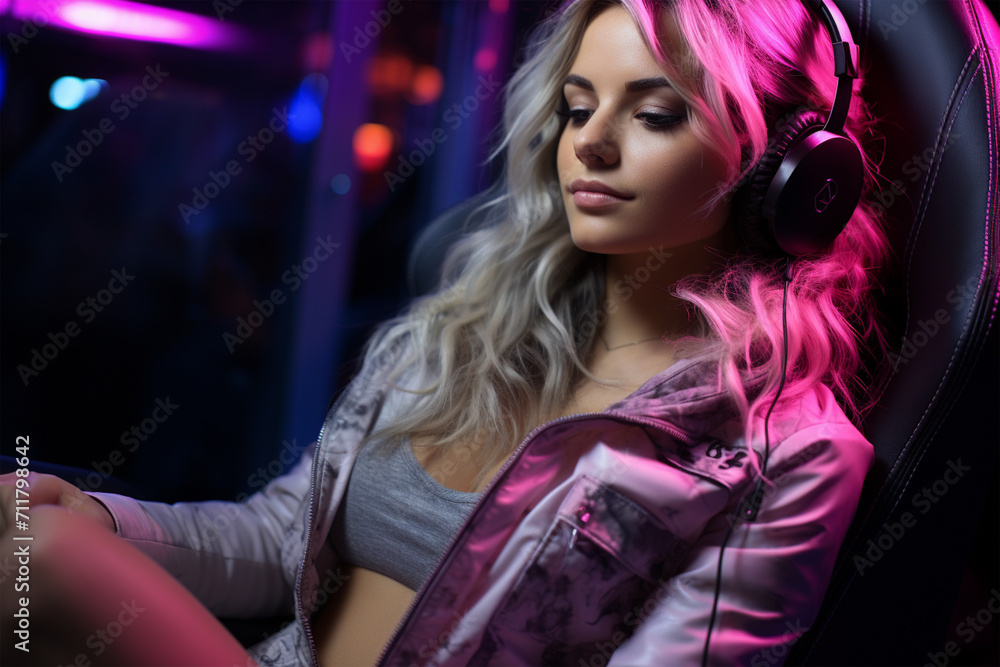 Girl listening to music with headphones on a gamer chair with neon background, in pink and violet colors