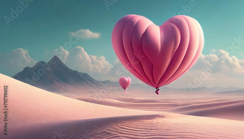 minimal love concept of pink heart shaped balloon in the middle of sandy desert soft pastel colors creative valentine s day illustration