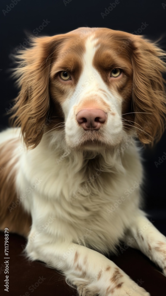 A cute brown and white spaniel dog with a fluffy coat sitting on a black background. Generative AI.