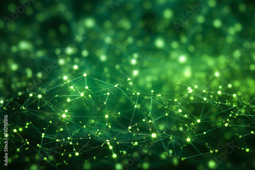 Green abstract background with a network grid and particles connected. Sci-fi digital technology with line connect network and data graphic background. Abstract polygonal wallpaper