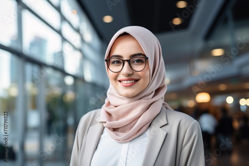 A beautiful, Muslim businesswoman wearing a hijab and glasses smiles while gazing at the camera inside a modern office. © ckybe