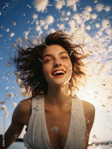 A young woman in a white dress is joyfully laughing while blowing dandelions. Generative AI.