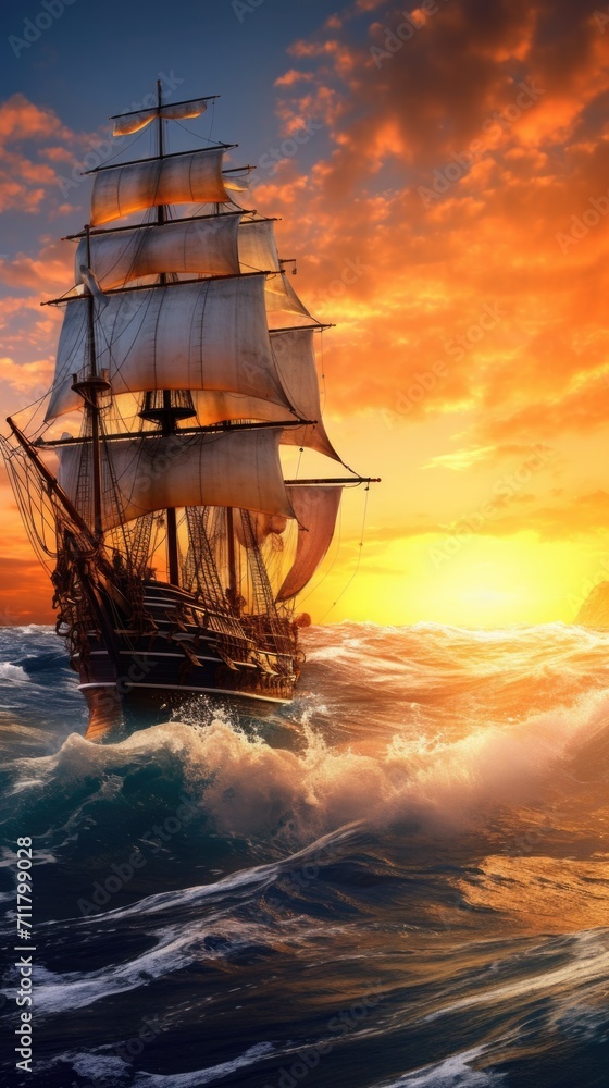 Fototapeta premium An old sailing ship glides through the golden hues of a sunset on the open ocean. Generative AI.