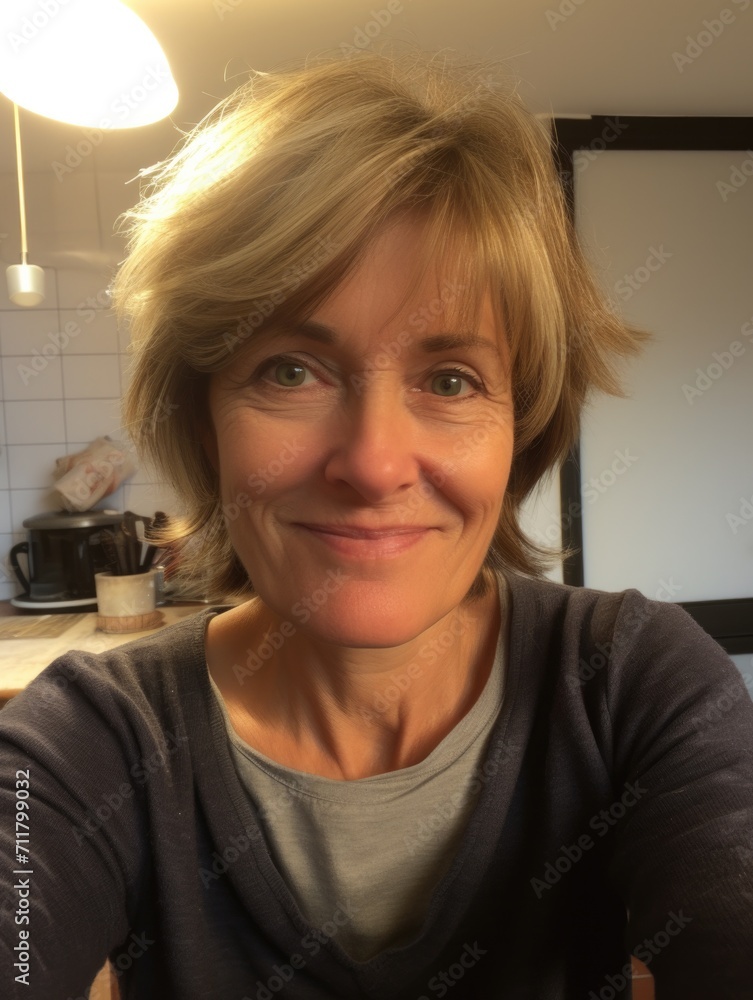 A woman with short hair smiling and looking directly at the camera. Generative AI. A woman with short hair smiling and looking directly at the camera. Generative AI.