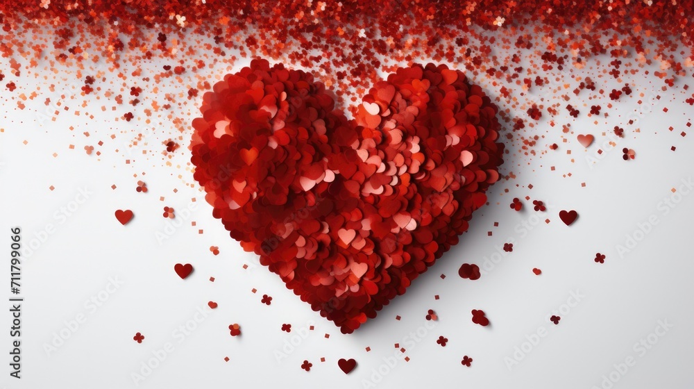 A red sequin heart on a white background. Banner for Valentine's Day