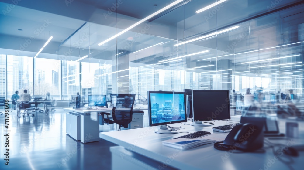 Business buzz: blurred open office space in a modern corporate setting Business buzz: blurred open office space in a modern corporate setting