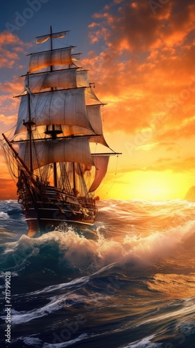 Fotografering An old sailing ship glides through the golden hues of a sunset on the open ocean