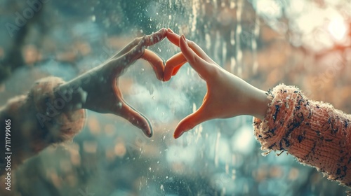 Creative Image for Affection and Partnership. Embrace Yourself. Unattached Individual making a Heart Gesture on the Reflective Surface. Surround Yourself with Love on Valentine's Day. photo