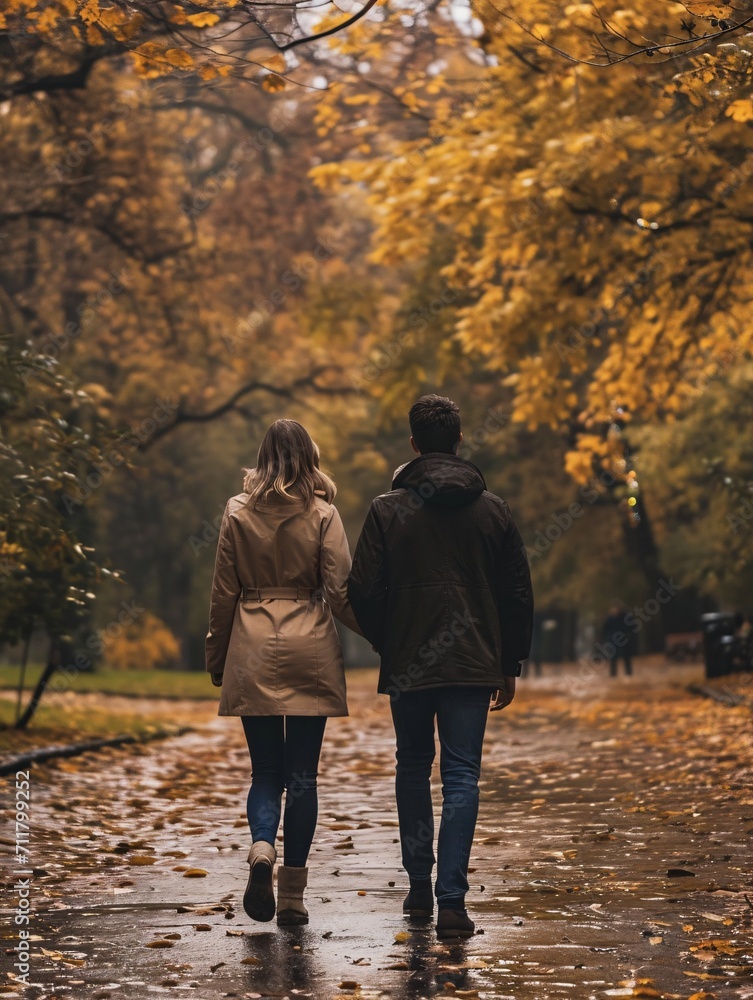 A snapshot of youthful couple strolling in a park during fall season. A snapshot of youthful couple strolling in a park during fall season.
