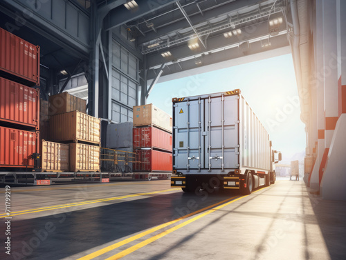 Logistics Efficiency with a Truck Loading at Cargo Bay. Semi truck being loaded at cargo bay in industrial warehouse area