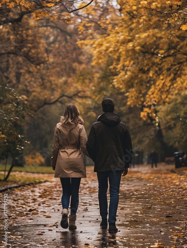 A snapshot of youthful couple strolling in a park during fall season.