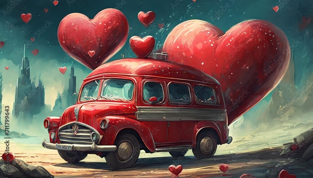 3d red van and valentine hearts - obrazy, fototapety, plakaty 
