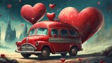 3d red van and valentine hearts